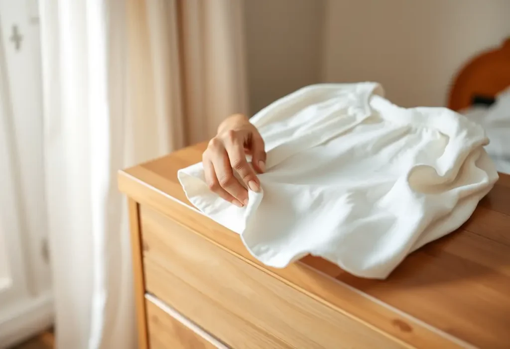 Une main féminine plie doucement une chemise en coton sur une commode en bois, mettant en valeur la silhouette.