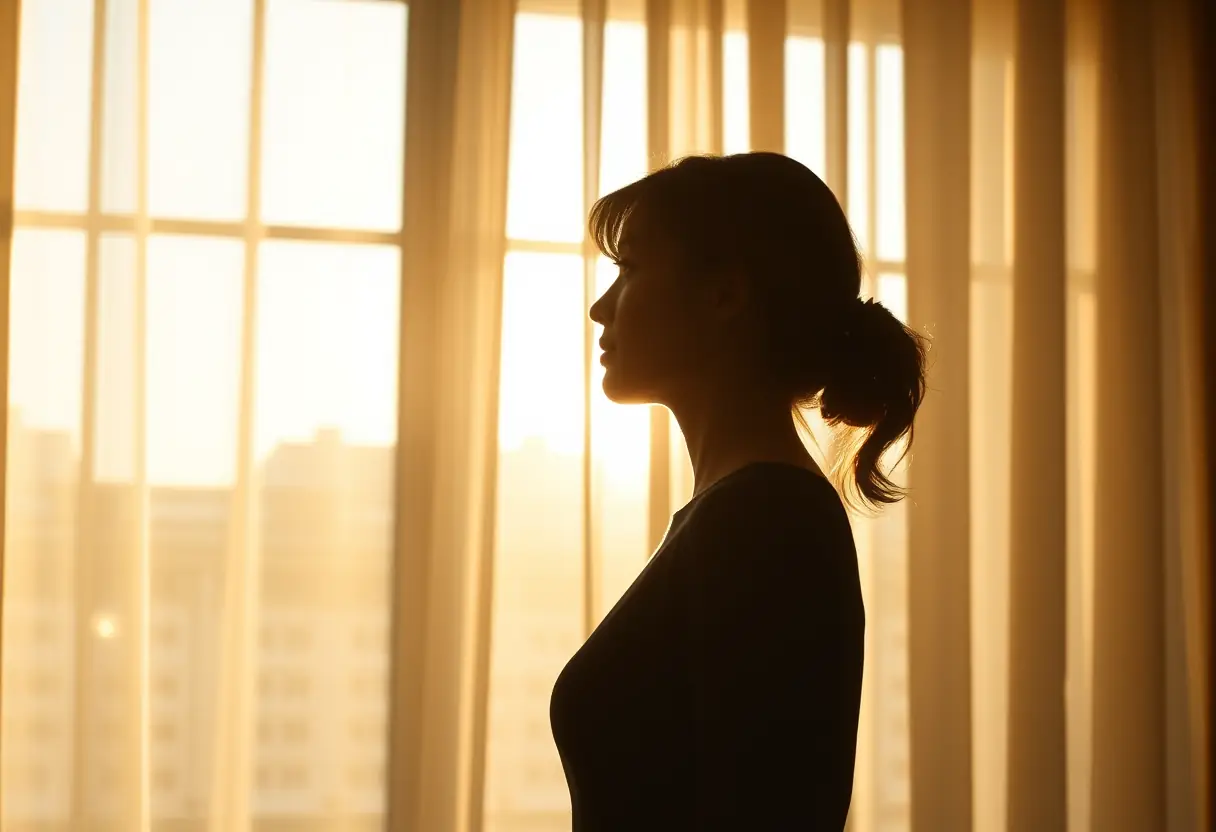 Un profil de femme se découpe devant une fenêtre où pénètrent des rayons de soleil à travers des rideaux transparents, valorisant sa silhouette.