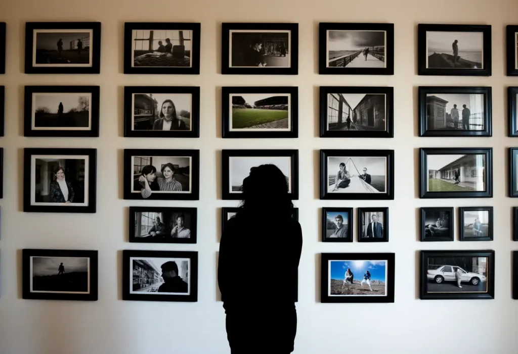Un silhouetté se tient devant un mur couvert de photos encadrées, symbolisant le développement personnel et l'acceptation de soi.