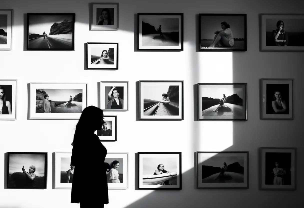 Silhouette de femme devant un mur de photos en noir et blanc, reflétant sa quête d'auto-acceptation