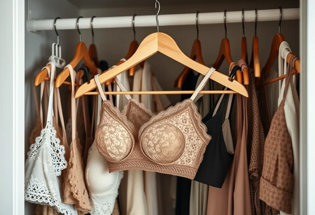 Un porte-vêtements en bois dans un placard rempli de soutiens-gorges et vêtements, mettant en valeur la diversité des tailles