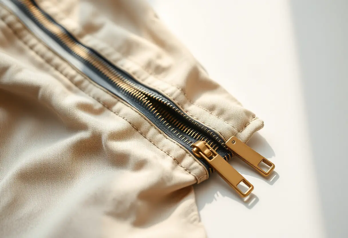 Un zip métallique sur un vêtement de grande taille posé sur une surface blanche, mis en valeur par la lumière naturelle