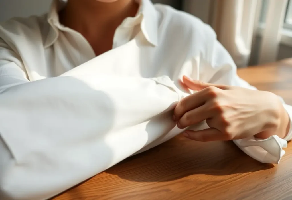 Une main féminine rectifie un pli dans un chemisier en coton, symbolisant l'acceptation de soi.