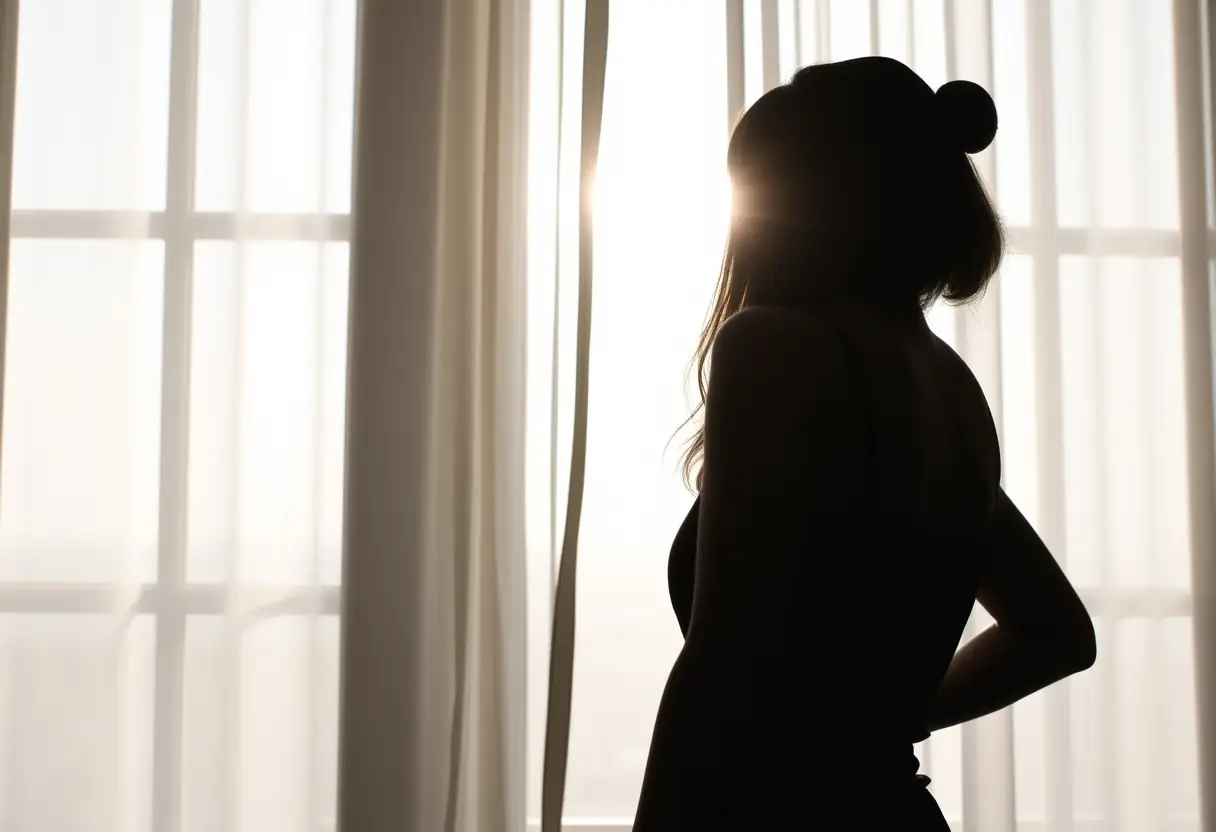 Un profil de femme se détachant contre une fenêtre aux rideaux légers, représentant sérénité et acceptation.