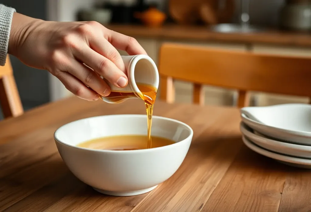 Une main verse un liquide doré d'un pot en céramique sur une table en bois dans une cuisine accueillante.