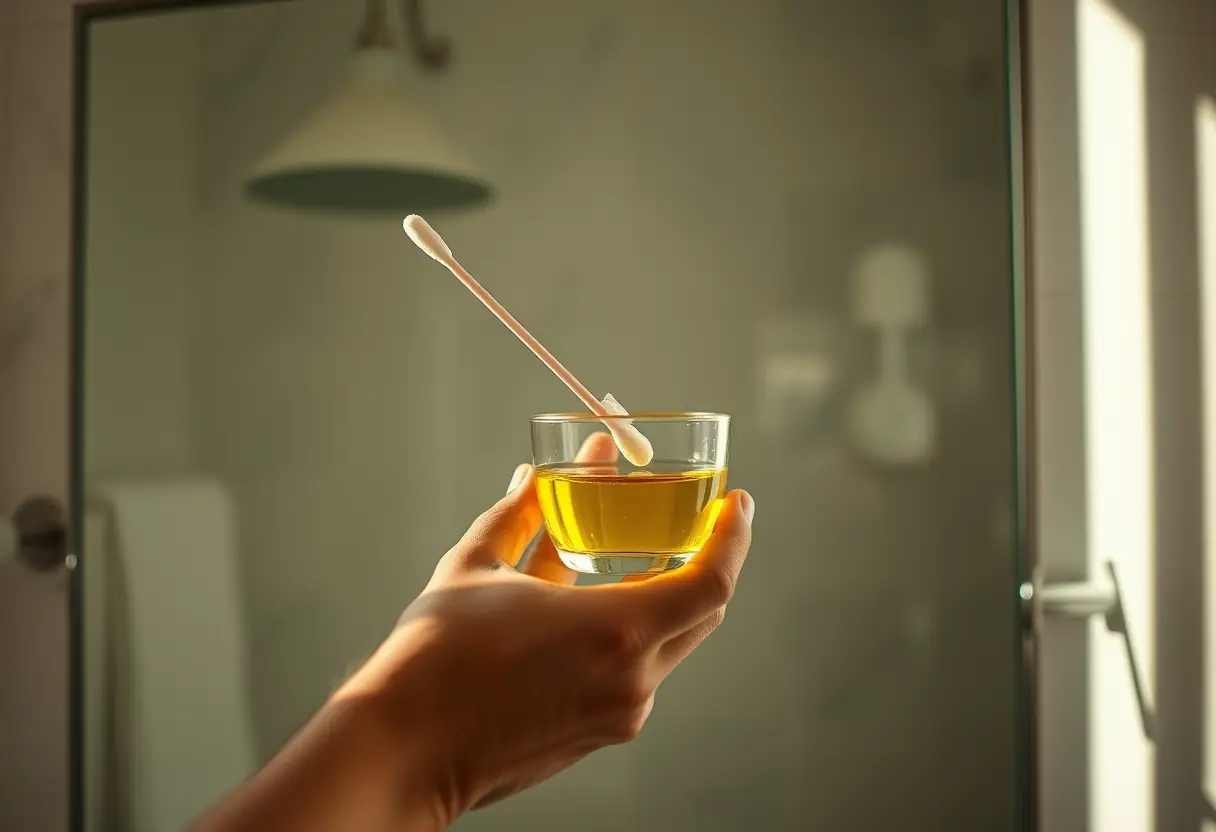 Une main plonge un coton-tige dans un récipient en verre contenant de l'huile d'olive dans une salle de bains.