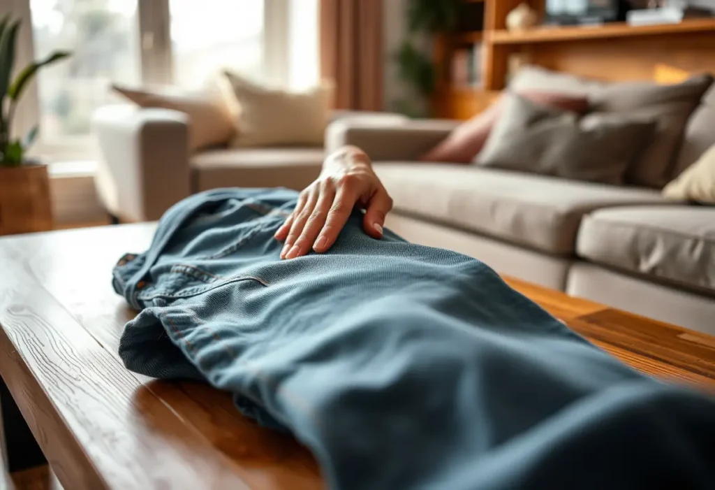 Une main lisse une ride sur un jean posé sur une table en bois, dans une ambiance chaleureuse.