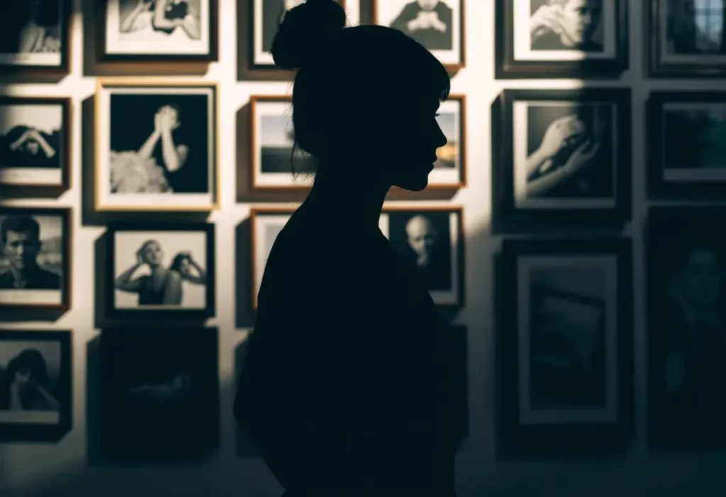 Un profil féminin se reflétant dans des cadres de photos accrochés au mur, harmonie corporelle
