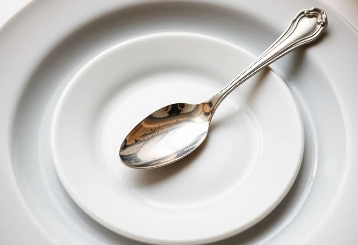 Une cuiller en argent posée sur une assiette blanche, forme courbe évoquant la morphologie féminine