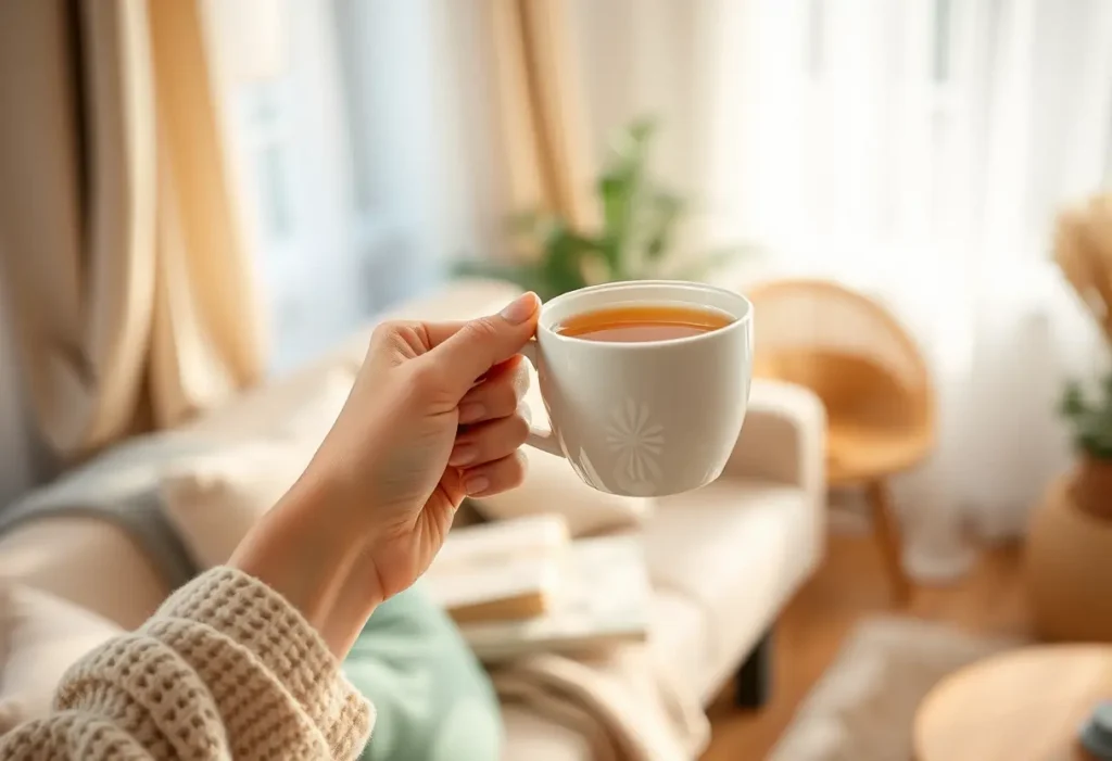 Une main féminine tenant une tasse de thé chaud dans un salon accueillant, thème du bien-être féminin