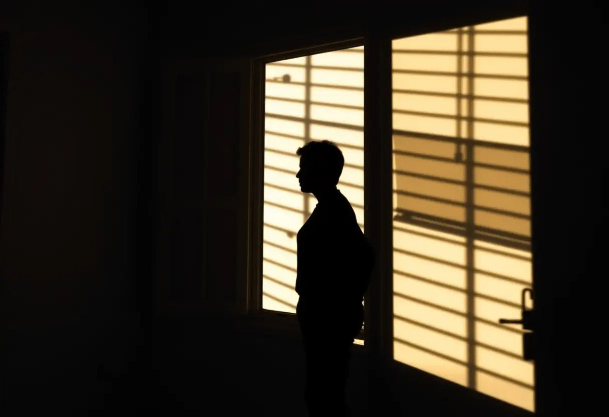 Un profil flou près d'une fenêtre éclairée par la lumière du jour, ambiance sereine, sujet de l'acceptation de soi