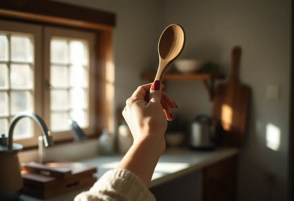 Une main féminine tient une cuillère en bois dans une cuisine chaleureuse