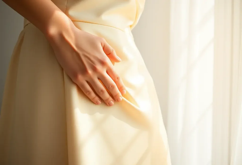 Une main lisse une ride sur une robe empire en soie, éclairée par la lumière du soleil