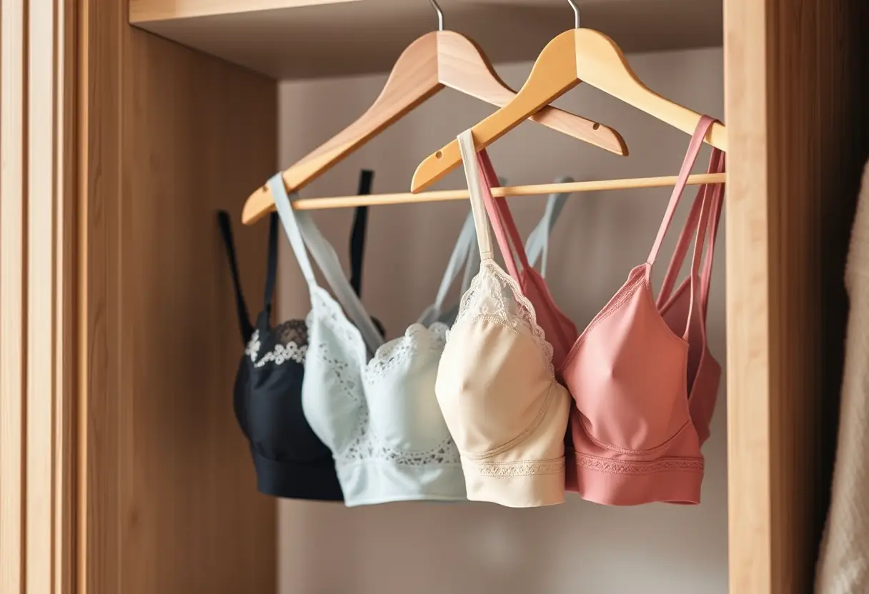 Un porte-vetements en bois dans un placard contient plusieurs soutiens-gorge de différentes formes et couleurs, illustrant la diversité de choix disponibles.
