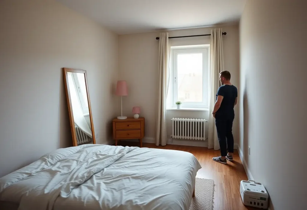 Miroir debout dans une chambre, processus de mesure à la maison