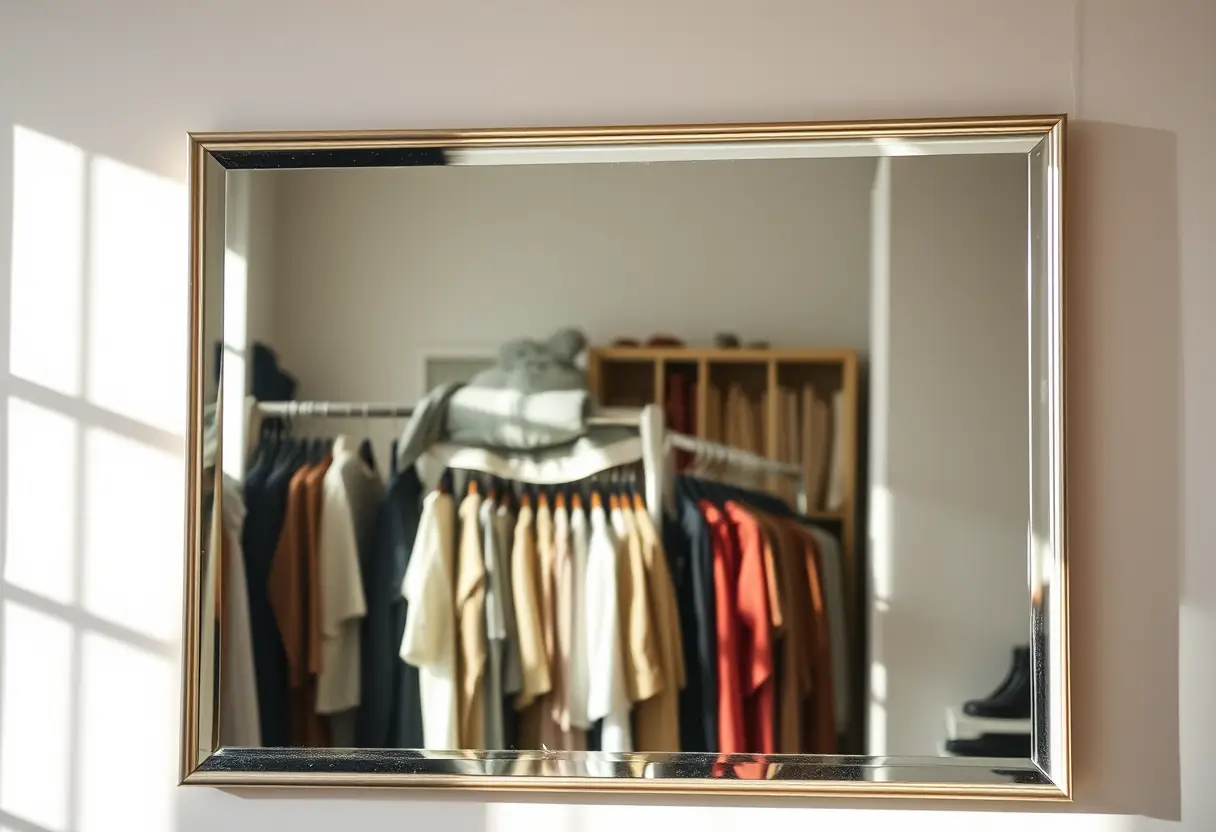 Un miroir accroché au mur reflétant des vêtements pliés