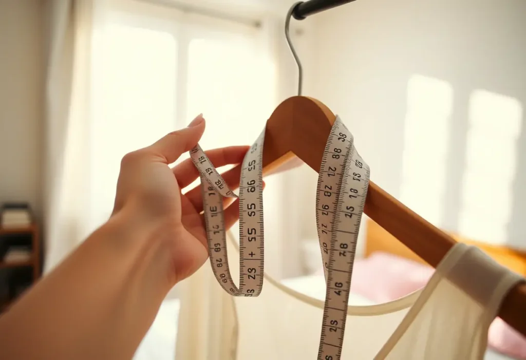 Main de femme tenant un mètre ruban en coton souple dans une chambre baignée de lumière naturelle