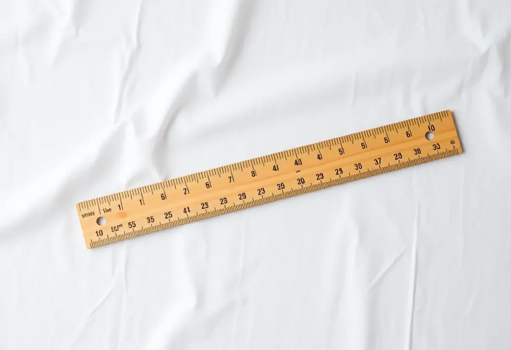 Un mètre posé sur un tissu blanc avec des marques de mesure