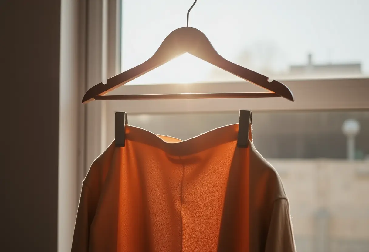 Perchement avec sac à vêtements, lumière naturelle met en valeur la texture du sac.