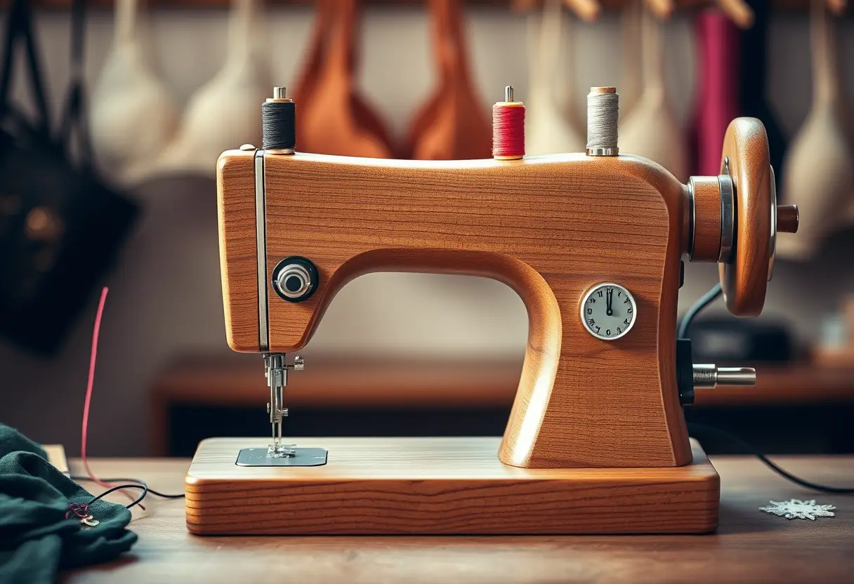Une machine à coudre en bois en usage, avec des fils de différentes couleurs, représentant la fabrication artisanale du soutien-gorge
