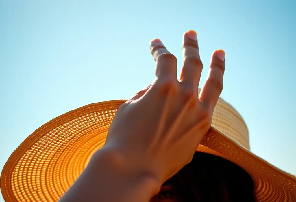 Une main ajuste un large chapeau pour se protéger du soleil.