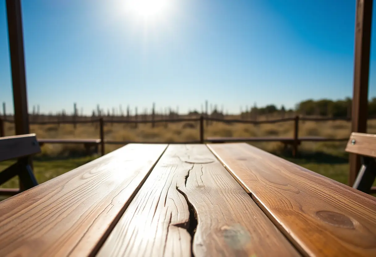 Une table de pique-nique vide sous un ciel bleu vif.