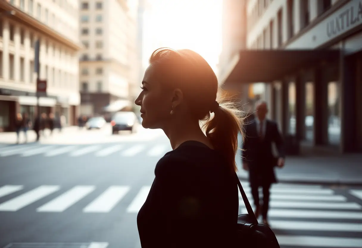Un profil féminin marchant dans une rue de ville, reflétant assurance et détente