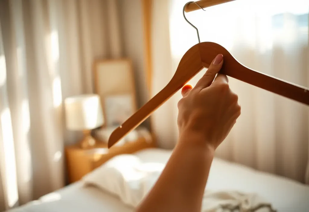 Une main féminine tient délicatement une patère en bois dans une chambre accueillante, éclairée par la lumière naturelle.