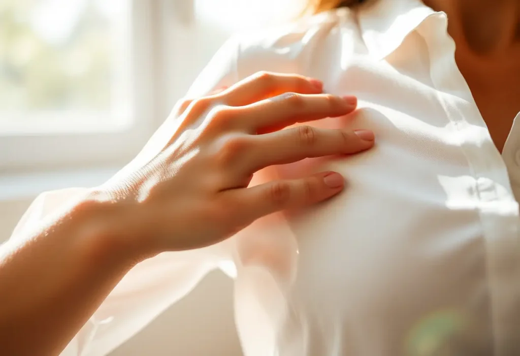 Une main lisse une ride dans un chemisier en coton, lumière naturelle