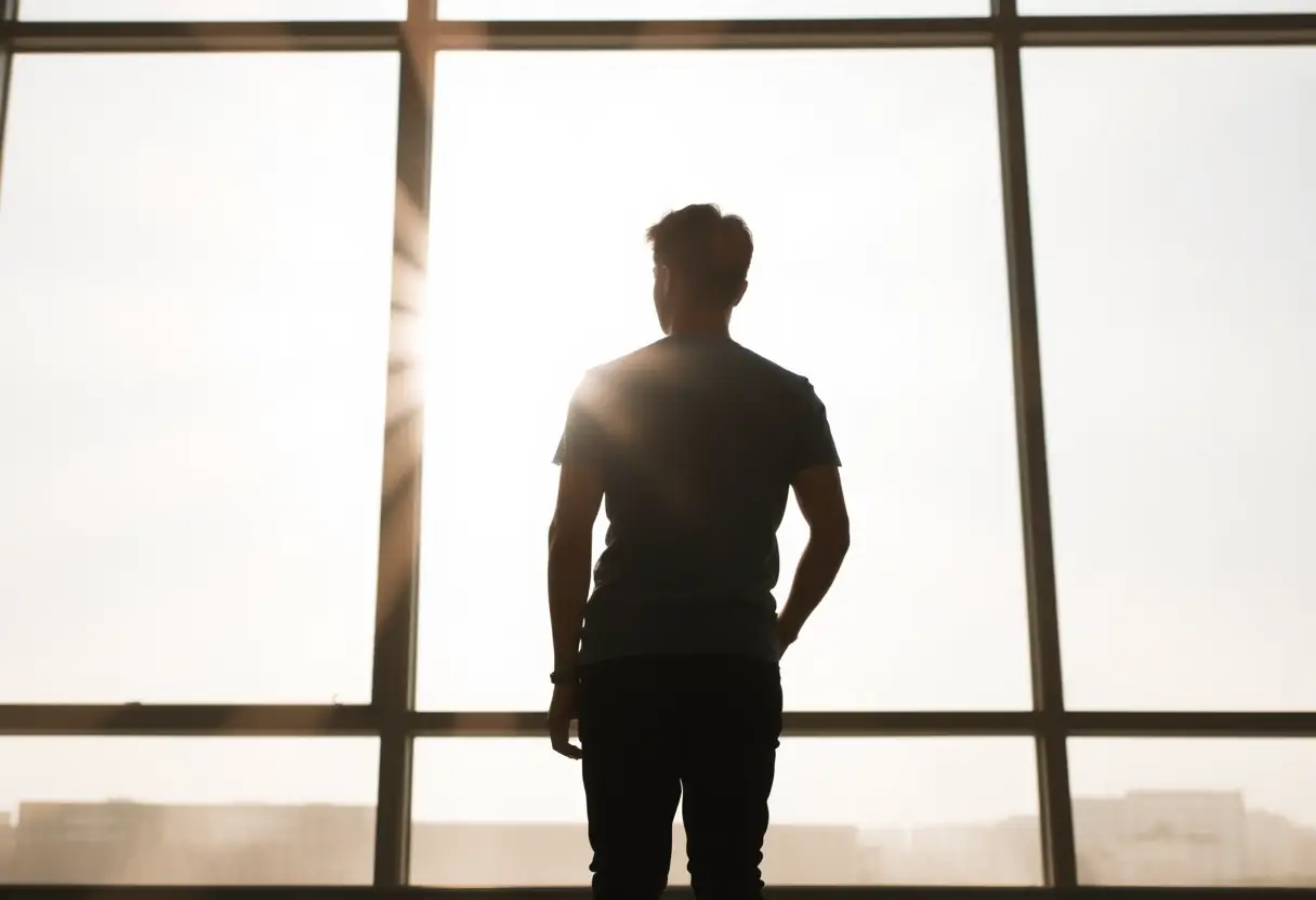 Silhouette devant une fenêtre, lumière naturelle, symbole d'acceptation