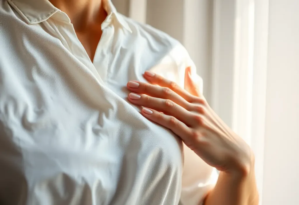 Main de femme lisant les plis d'une chemise en coton, lumière naturelle