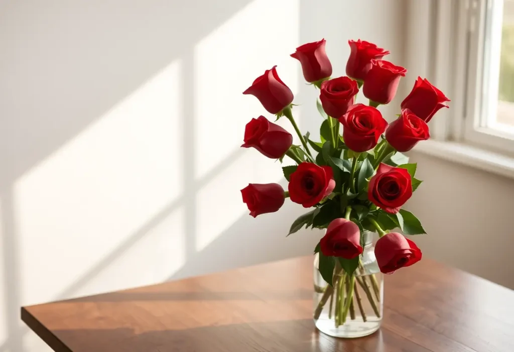 Un vase rempli de douze roses rouges sur une table en bois, éclairé par la lumière du soir