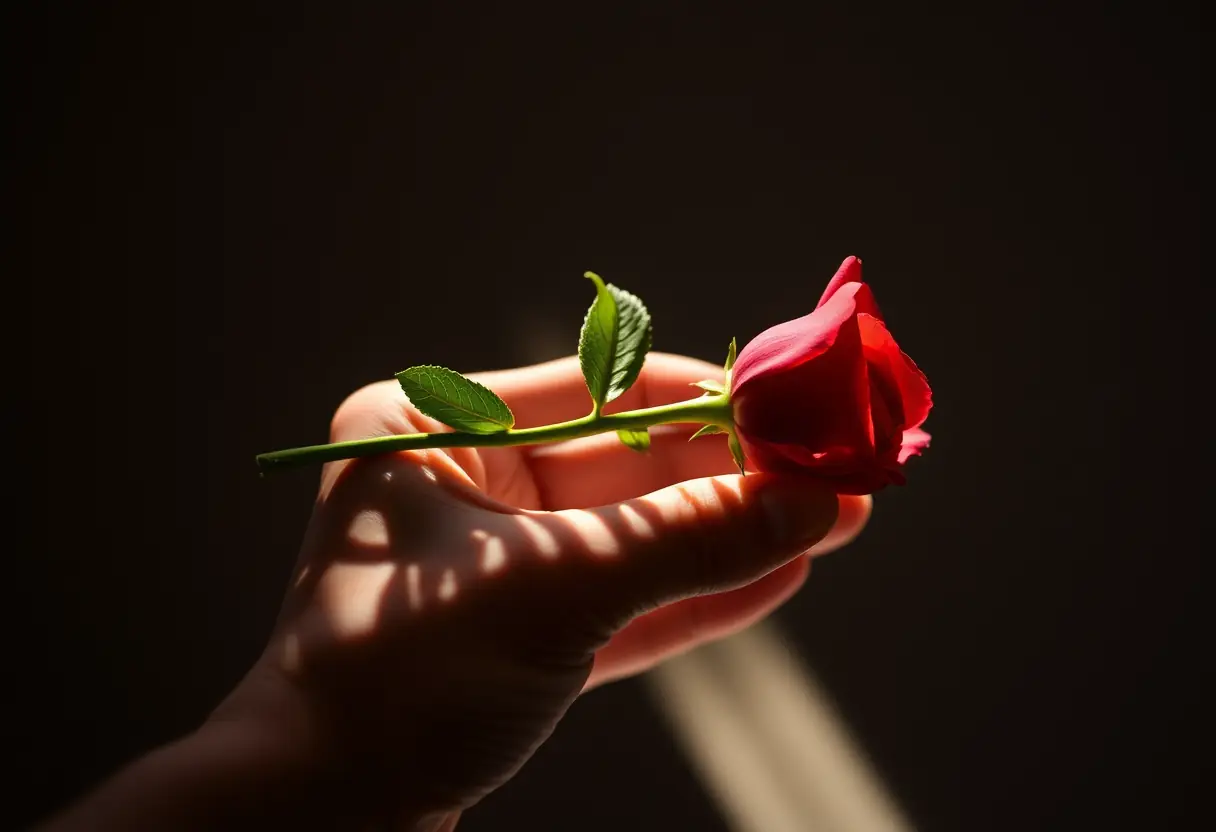 Une main tenant délicatement une seule rose rouge, la lumière soulignant la douceur de ses pétales