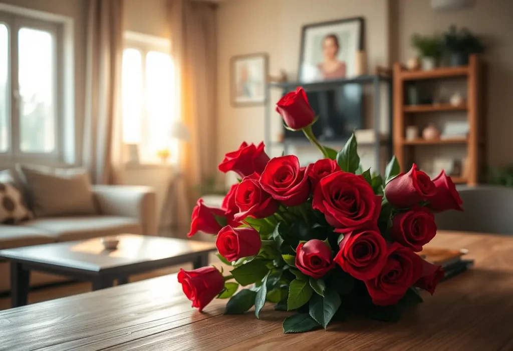 Un bouquet de roses rouges sur une table en bois dans un salon accueillant, symbolisant l'amour et la déclaration de sentiments.