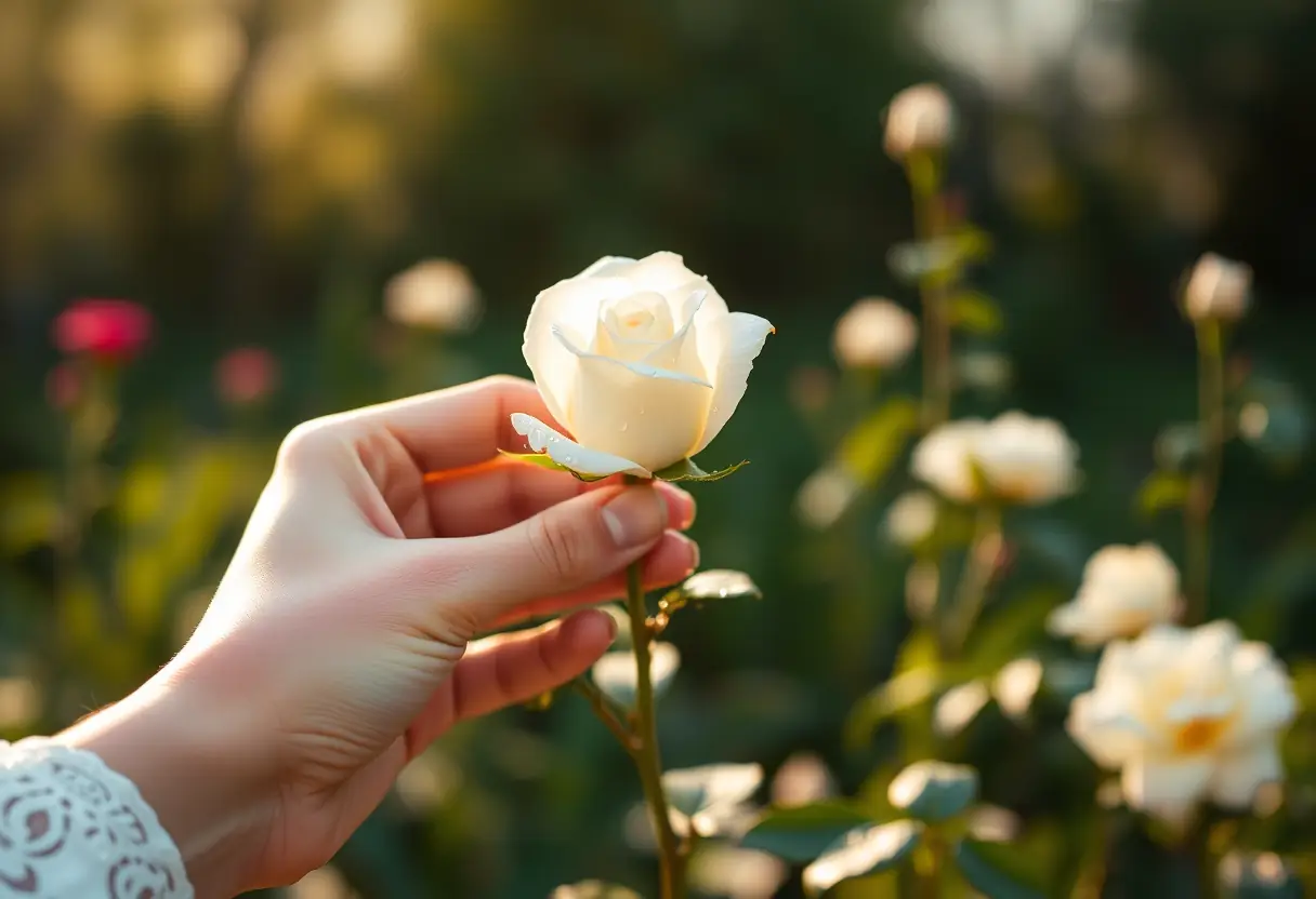 Une main féminine tenant délicatement une rose blanche au lever du jour, représentant le coup de foudre et l'authenticité des sentiments.