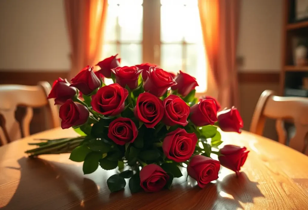 Un bouquet de roses rouges sur une table en bois, éclairé par la lumière du jour