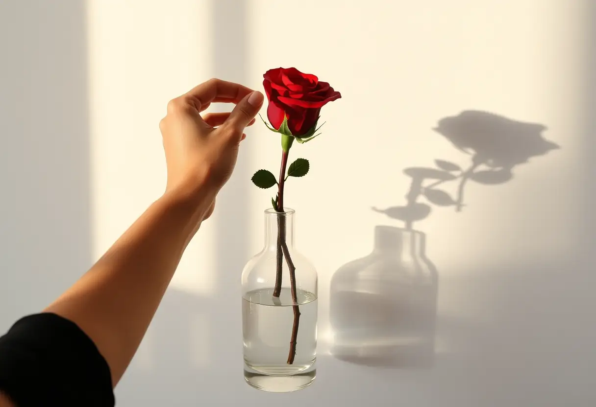 Une main féminine pose délicatement une rose rouge dans un vase en verre clair