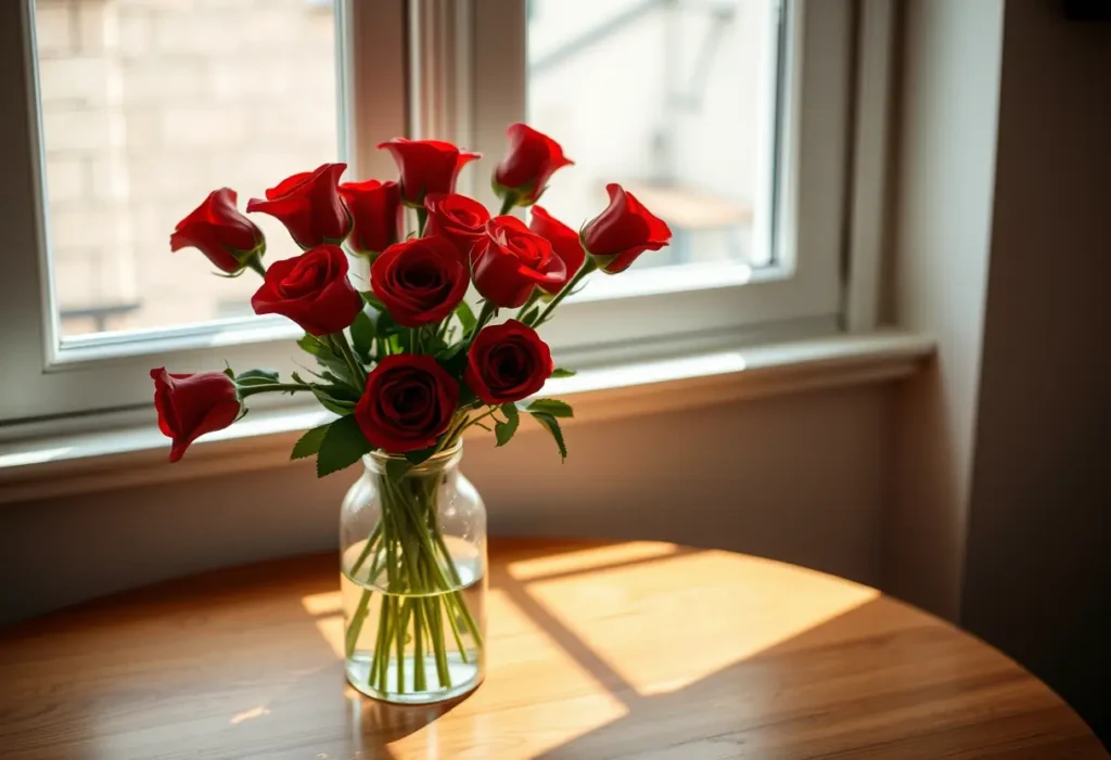 Un vase rempli de douze roses rouges sur une table en bois, éclairé par la lumière du soleil après-midi
