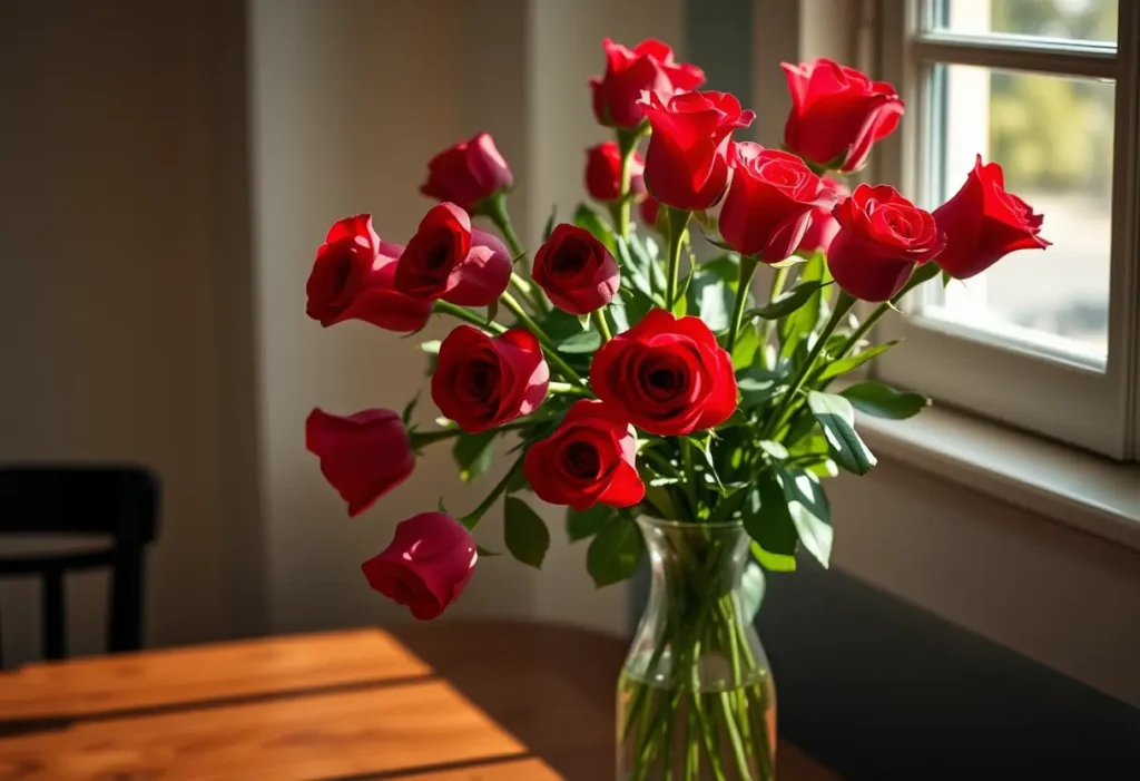 Un vase rempli de douze roses rouges sur une table en bois éclairée par la lumière du soleil