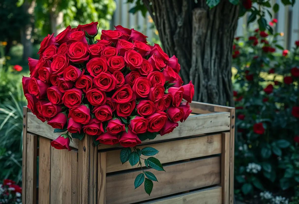 Une grappe de cinquante roses rouges déborde d'un grand tonneau en bois dans un jardin ombragé par un arbre, mettant en valeur l'abondance et la richesse des couleurs