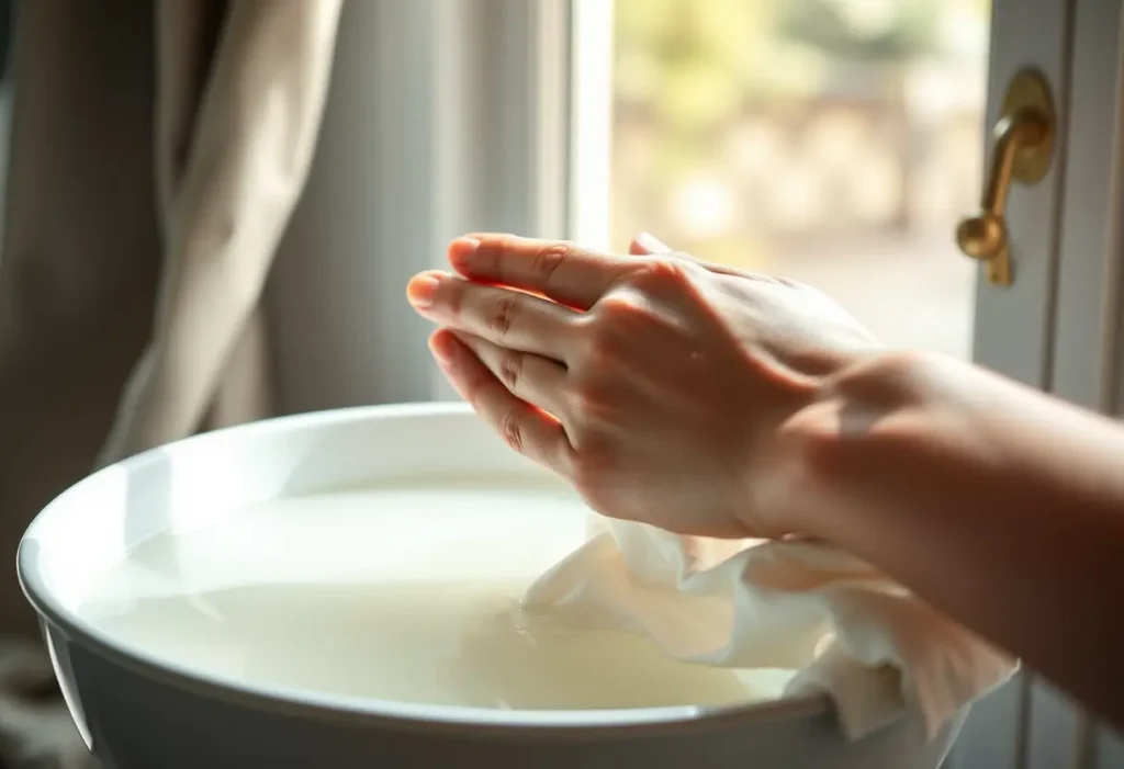 Une main qui masse un tee-shirt en coton trempé dans une solution de vinaigre