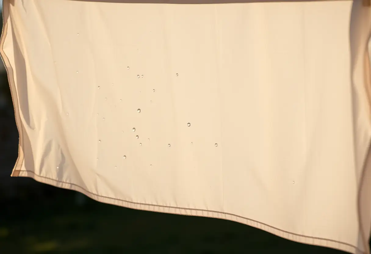 Une serviette en coton blanche qui sèche sur une corde à linge sous le soleil de l'après-midi