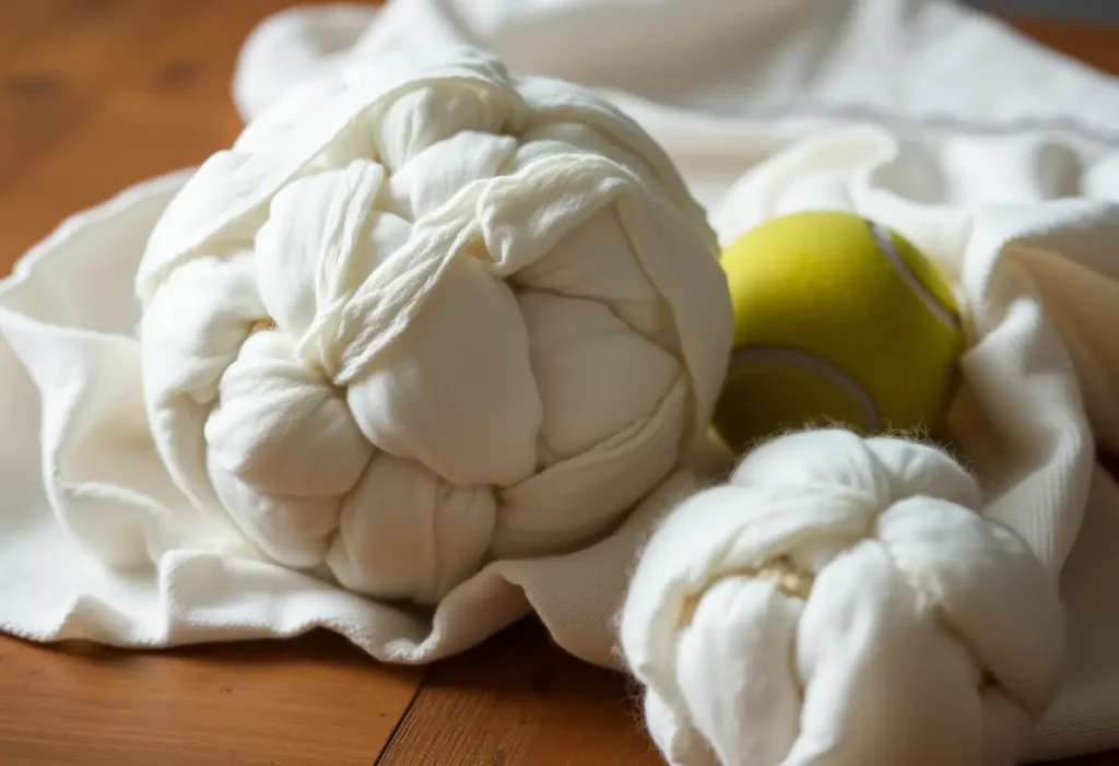 Un ballot de coton posé sur une table en bois, avec une balle de tennis à côté, une lumière douce met en valeur la texture du tissu