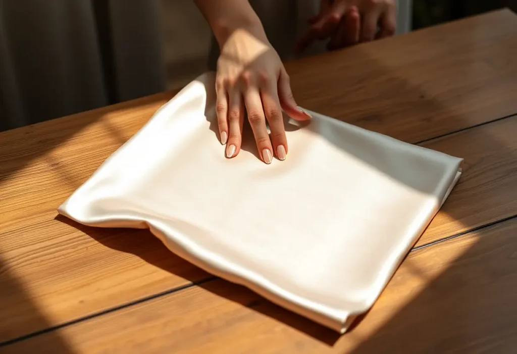 Une main féminine étale doucement un carré de soie satinée sur une table en bois, lumière naturelle soulignant sa douce brillance