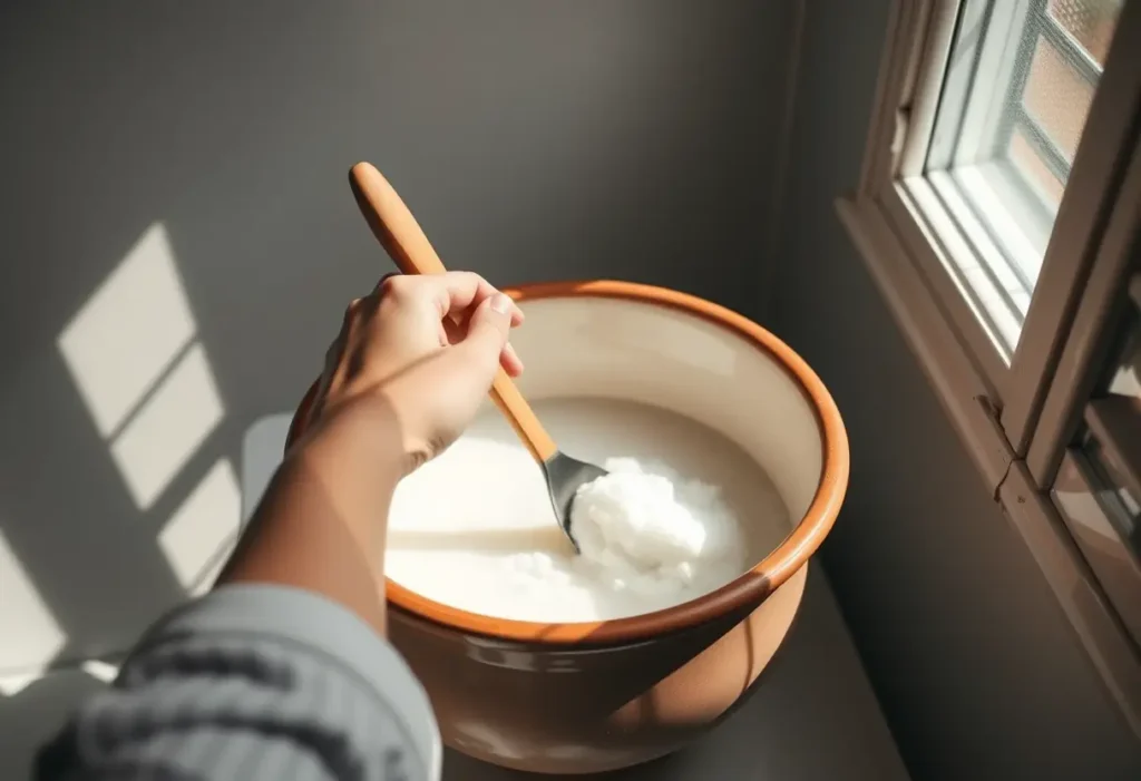 Une main féminine mélange du bicarbonate de soude dans un récipient en céramique, symbolisant le blanchiment du coton.
