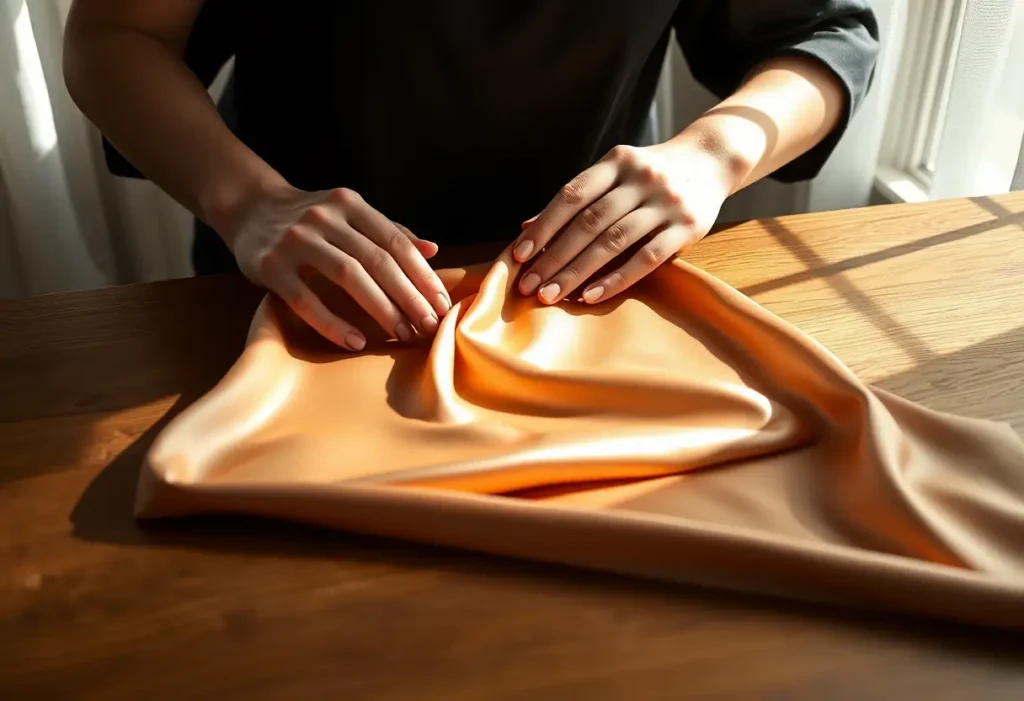 Un tissu satin luisant étalé sur une table, les mains en train de le redresser délicatement.