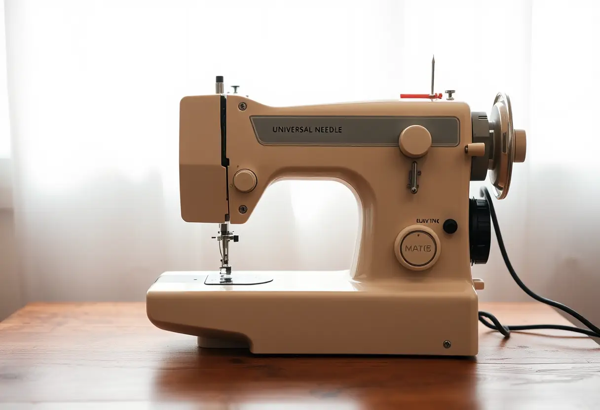 Machine à coudre avec aiguille universelle sur une table en bois, soulignant son utilité dans la couture