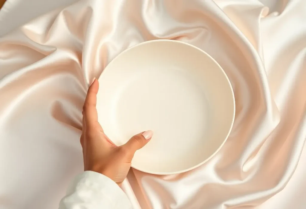 Une main féminine tient délicatement un bol de salade contre un tissu satiné, marquant l'outline pour un chapeau sur mesure