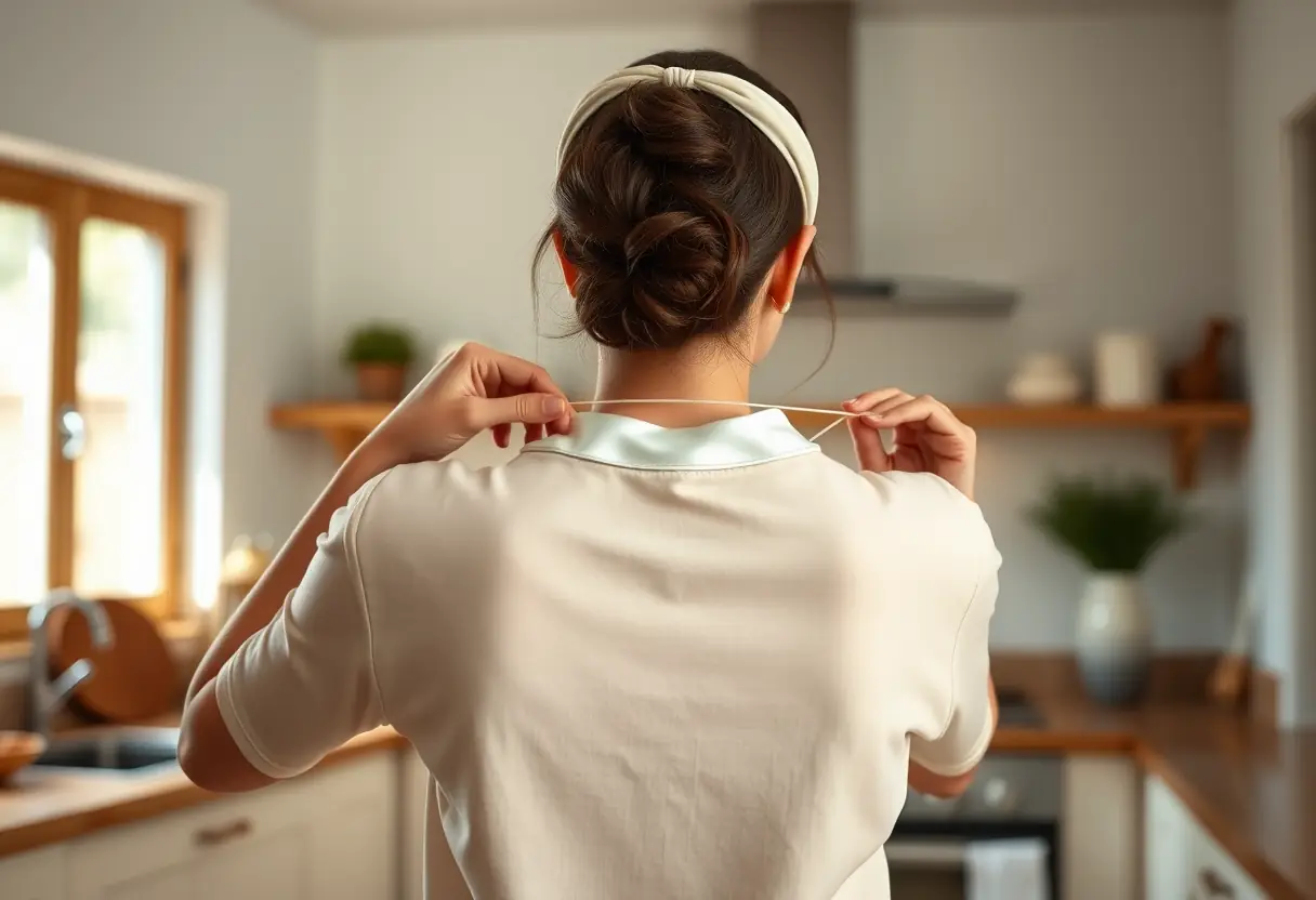 Une personne se tient dans une cuisine bien éclairée, tenant un fil d'élastique pour intégrer un bandeau de tissu satiné