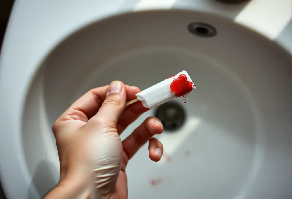 Main: une main tenant un coton-tige taché de sang, sur un lavabo en porcelaine blanche rempli d'eau froide